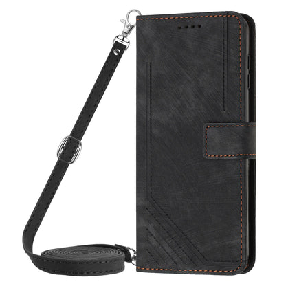 For iPhone 14 Plus Flip Folio Cover PU Leather Lines Imprinted Stand Crossbody Wallet Phone Case