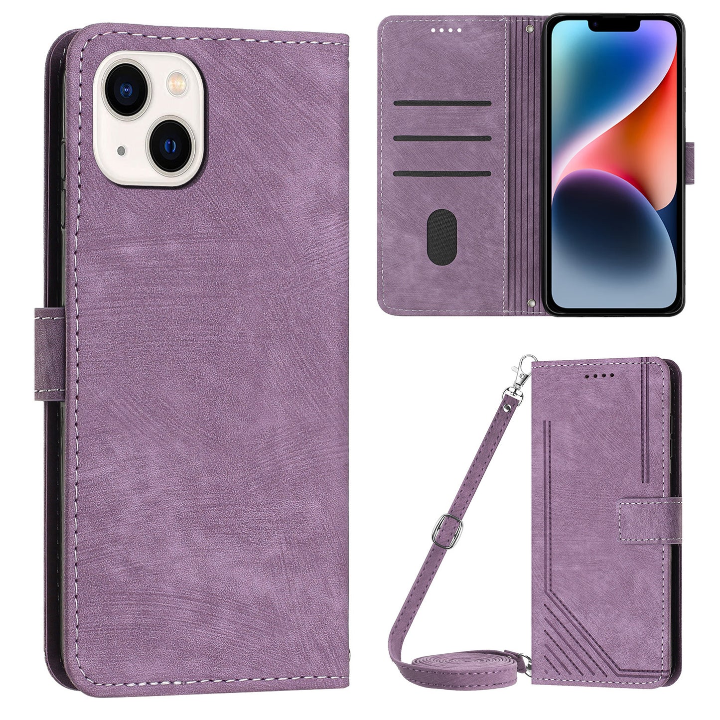 For iPhone 14 Plus Flip Folio Cover PU Leather Lines Imprinted Stand Crossbody Wallet Phone Case