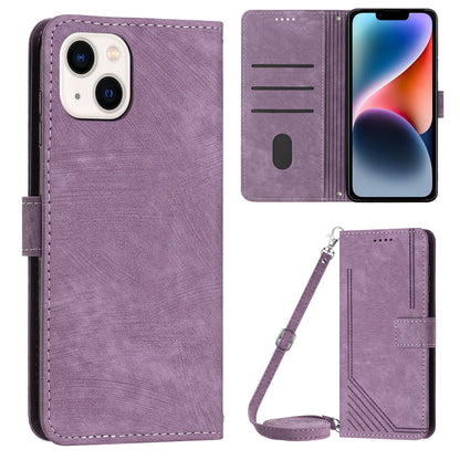 For iPhone 14 Plus Flip Folio Cover PU Leather Lines Imprinted Stand Crossbody Wallet Phone Case