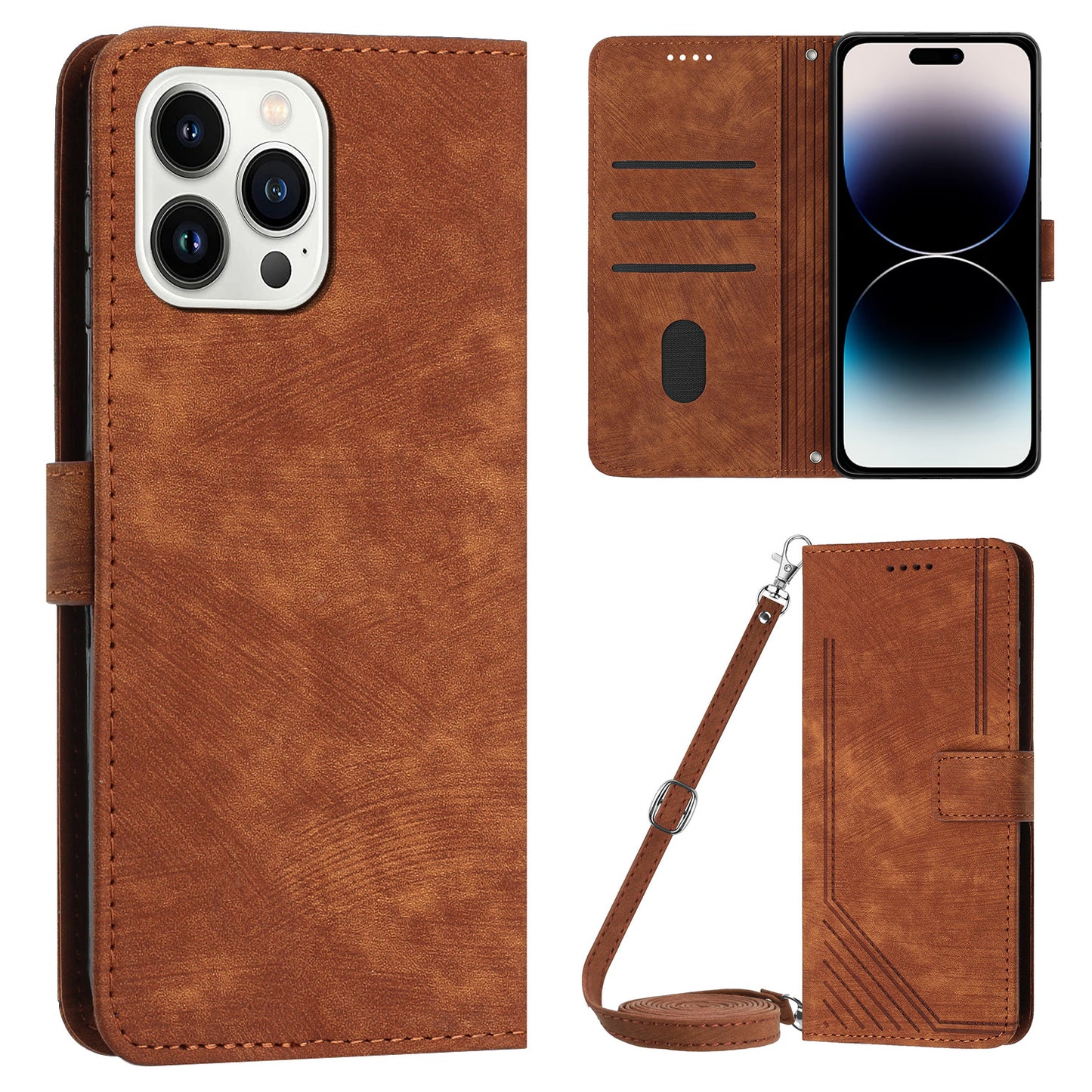 For iPhone 14 Pro PU Leather Skin-touch Protective Cover Lines Imprinted Wallet Stand Folio Phone Case