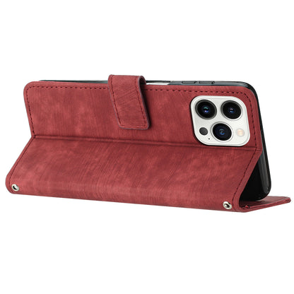 For iPhone 14 Pro PU Leather Skin-touch Protective Cover Lines Imprinted Wallet Stand Folio Phone Case
