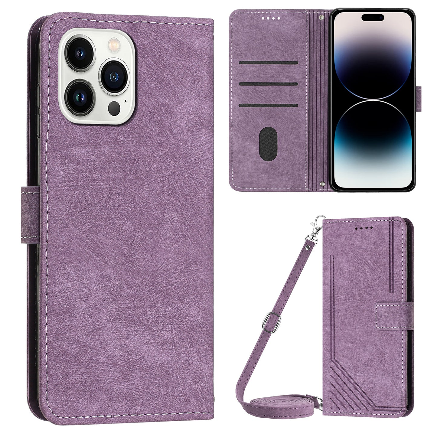 For iPhone 14 Pro PU Leather Skin-touch Protective Cover Lines Imprinted Wallet Stand Folio Phone Case