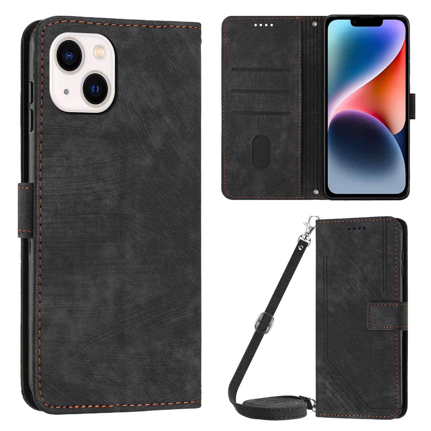 For iPhone 14 / 13 6.1 inch PU Leather Phone Case Stand Lines Imprinted Skin-touch Wallet Cover