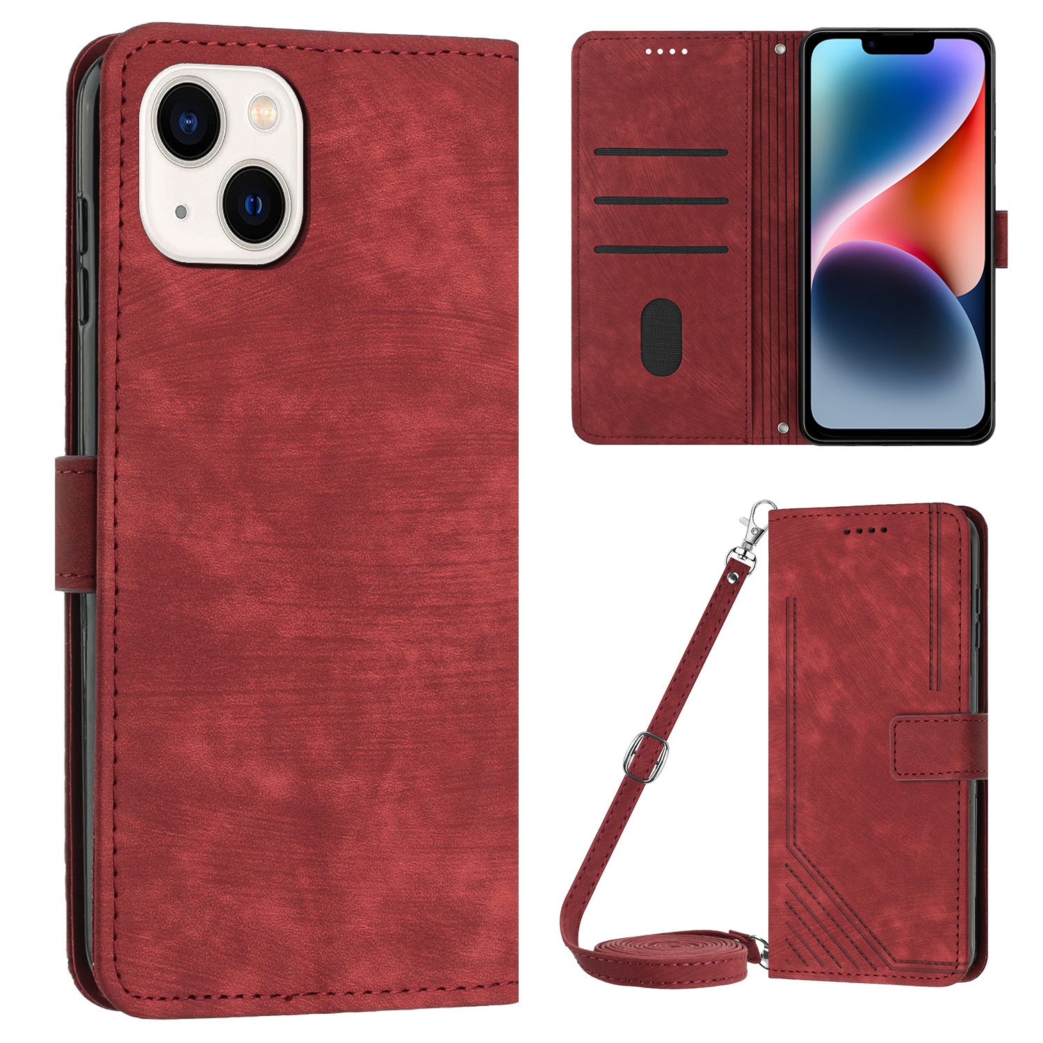 For iPhone 14 / 13 6.1 inch PU Leather Phone Case Stand Lines Imprinted Skin-touch Wallet Cover