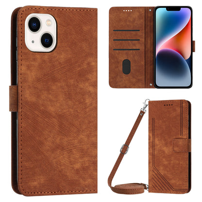 For iPhone 14 / 13 6.1 inch PU Leather Phone Case Stand Lines Imprinted Skin-touch Wallet Cover