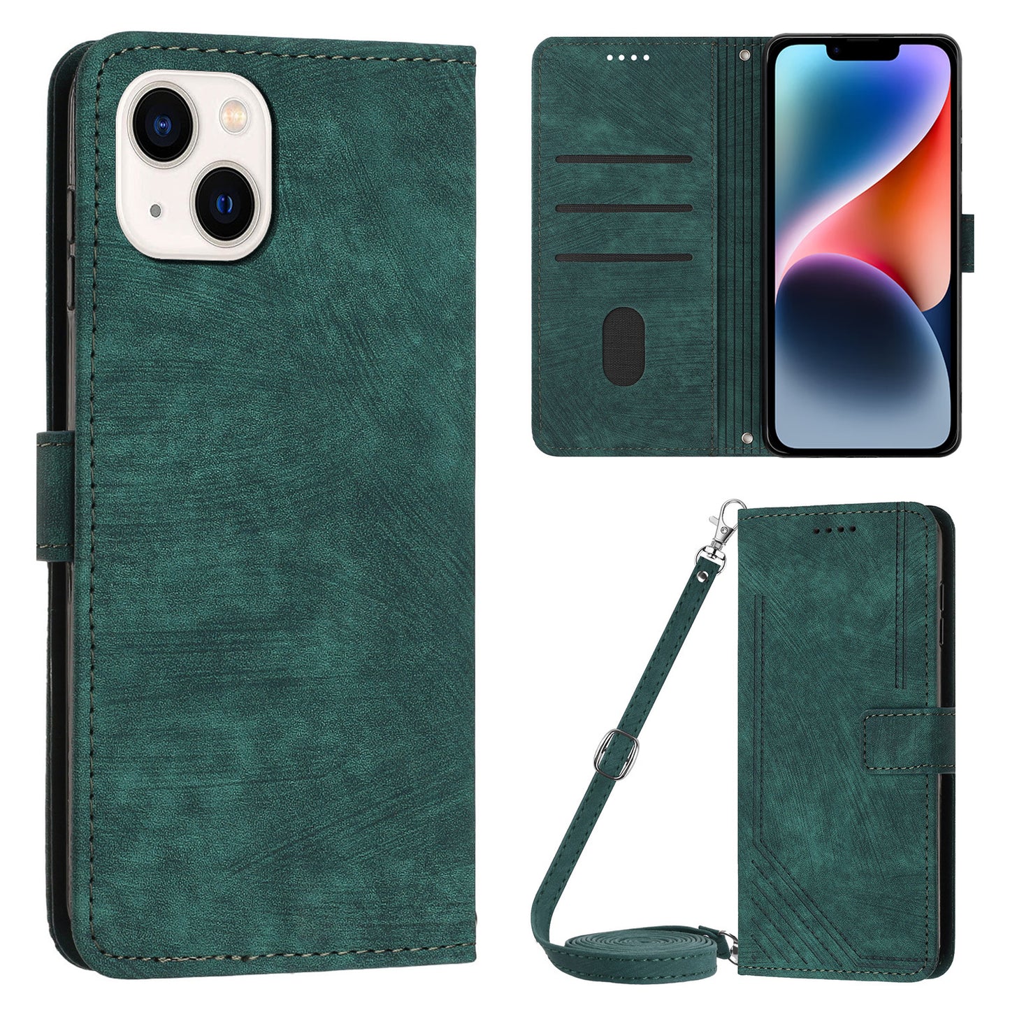 For iPhone 14 / 13 6.1 inch PU Leather Phone Case Stand Lines Imprinted Skin-touch Wallet Cover