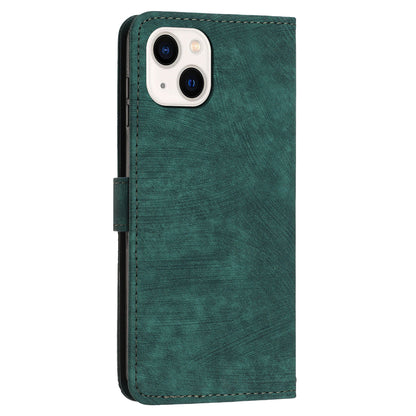 For iPhone 14 / 13 6.1 inch PU Leather Phone Case Stand Lines Imprinted Skin-touch Wallet Cover