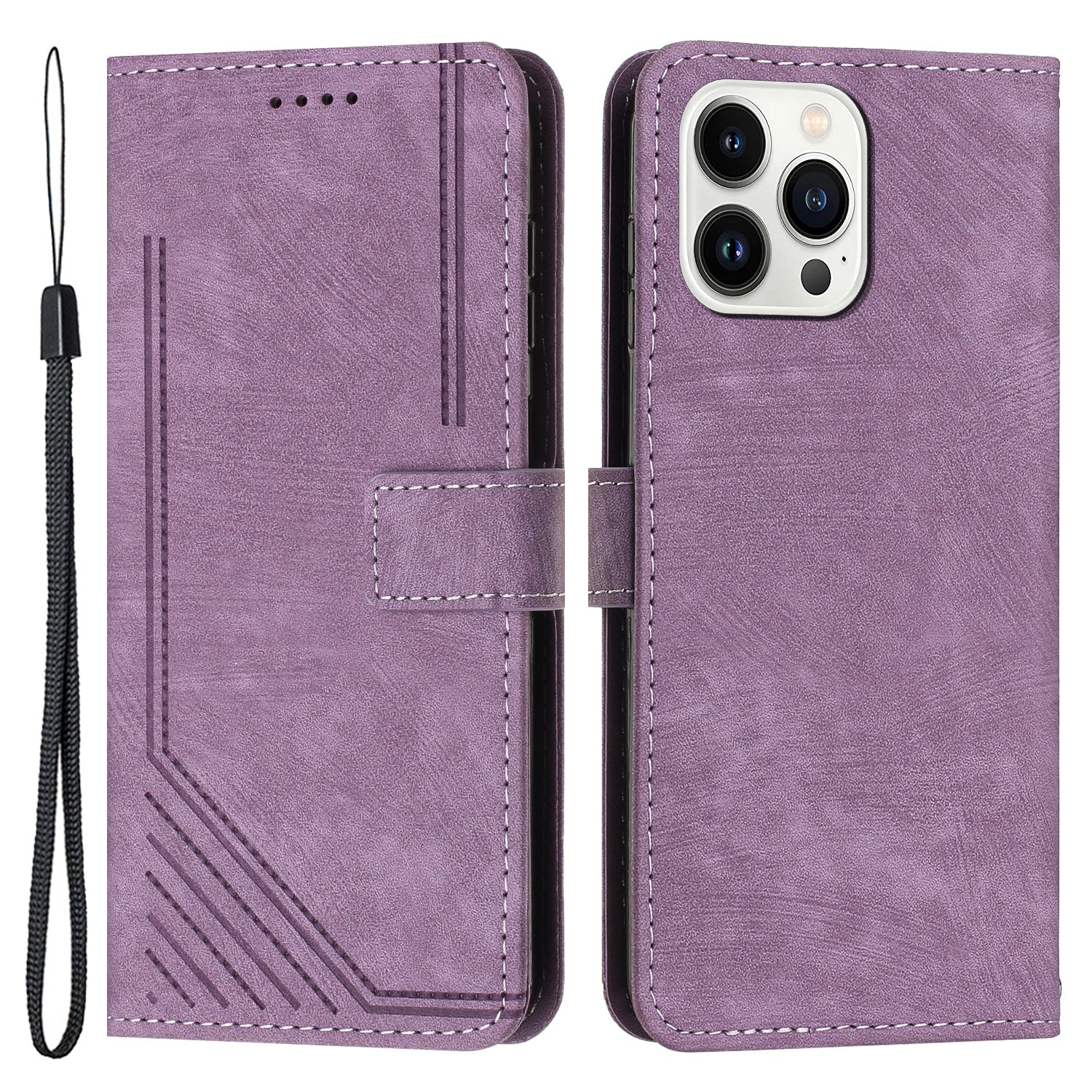 For iPhone 14 Pro Skin-touch Leather Phone Case Lines Imprinted Wallet Stand Cover