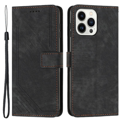 For iPhone 14 Pro Max Phone Stand Case Skin-touch PU Leather Lines Imprinted Wallet Cover