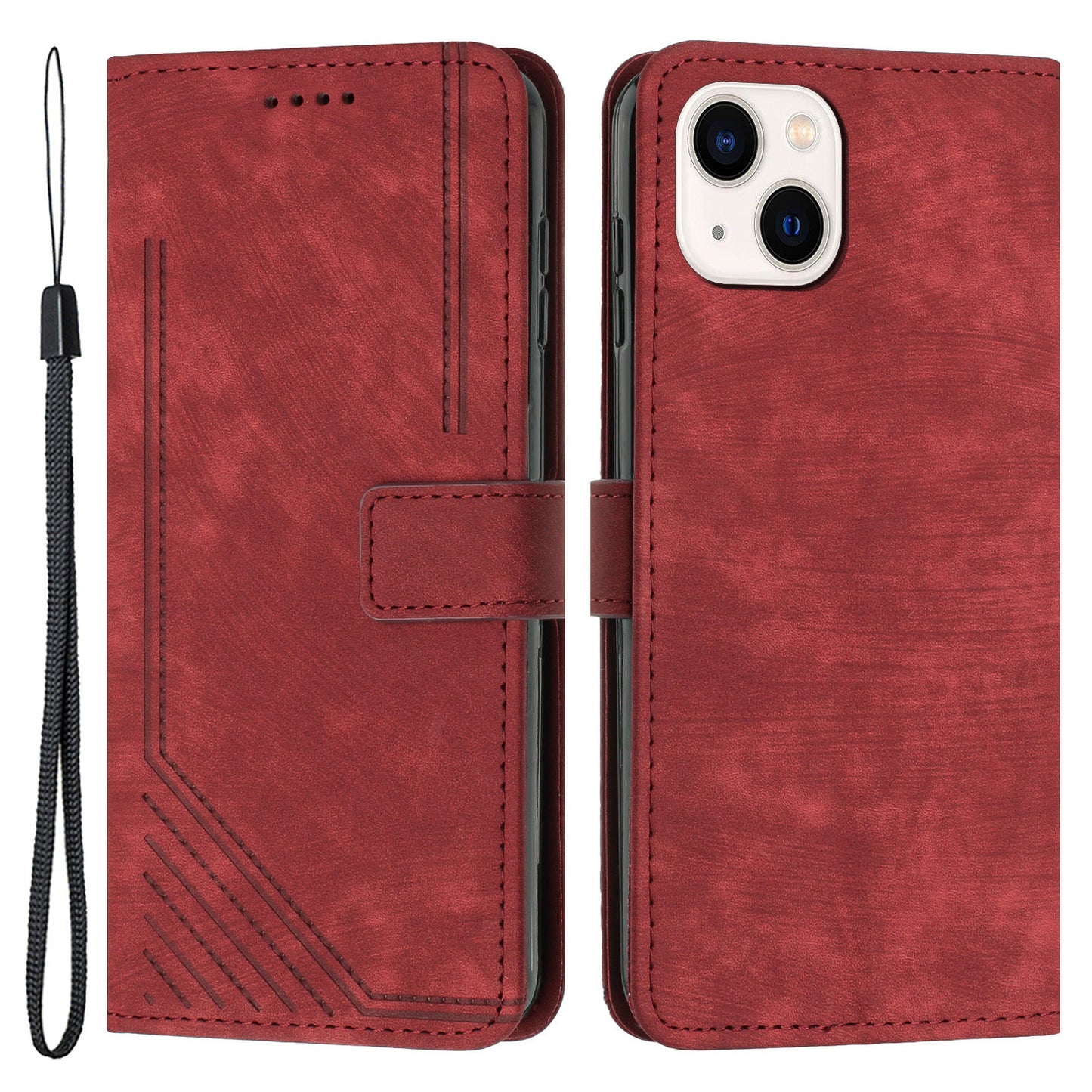 For iPhone 14 Plus PU Leather Phone Stand Case Skin-touch Wallet Lines Imprinted Cover