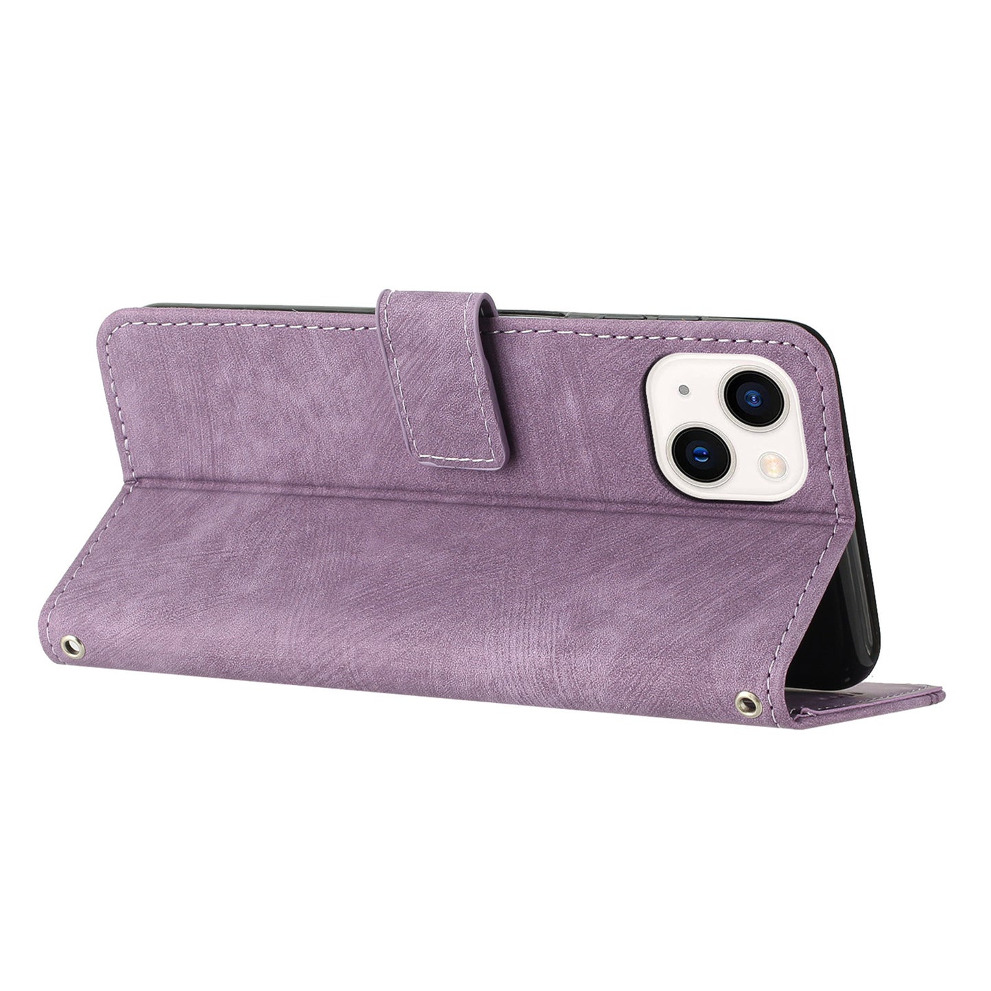 For iPhone 14 Plus PU Leather Phone Stand Case Skin-touch Wallet Lines Imprinted Cover