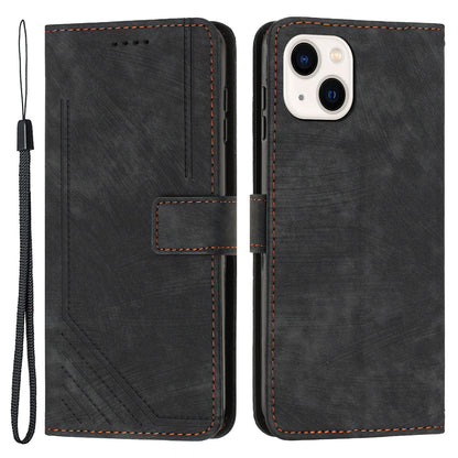 For iPhone 13 mini Stand Wallet PU Leather Phone Case Skin-touch Lines Imprinted Cover