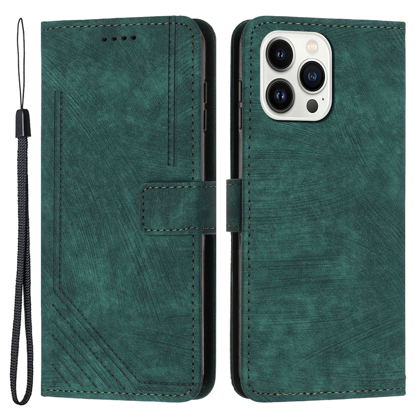 For iPhone 13 Pro Max Skin-touch Leather Case Stand Lines Imprinted Phone Wallet Cover