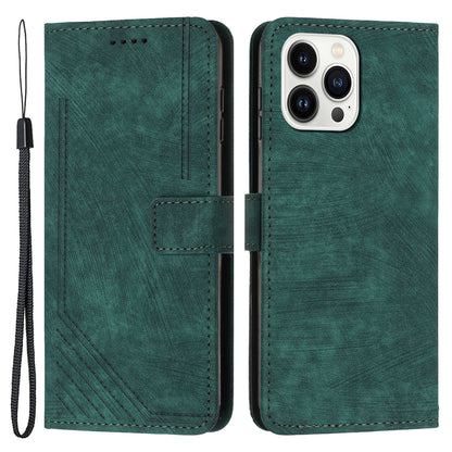 For iPhone 13 Pro Max Skin-touch Leather Case Stand Lines Imprinted Phone Wallet Cover