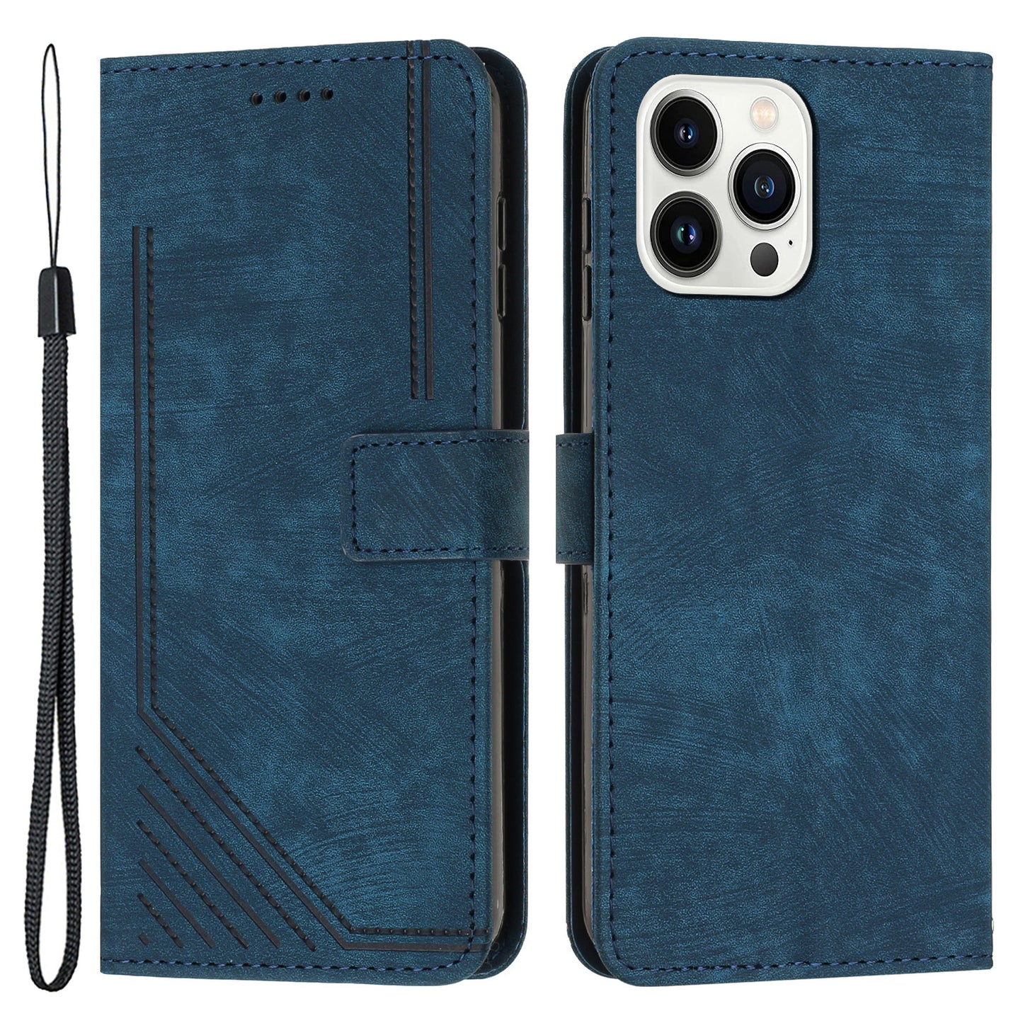 For iPhone 13 Pro Max Skin-touch Leather Case Stand Lines Imprinted Phone Wallet Cover