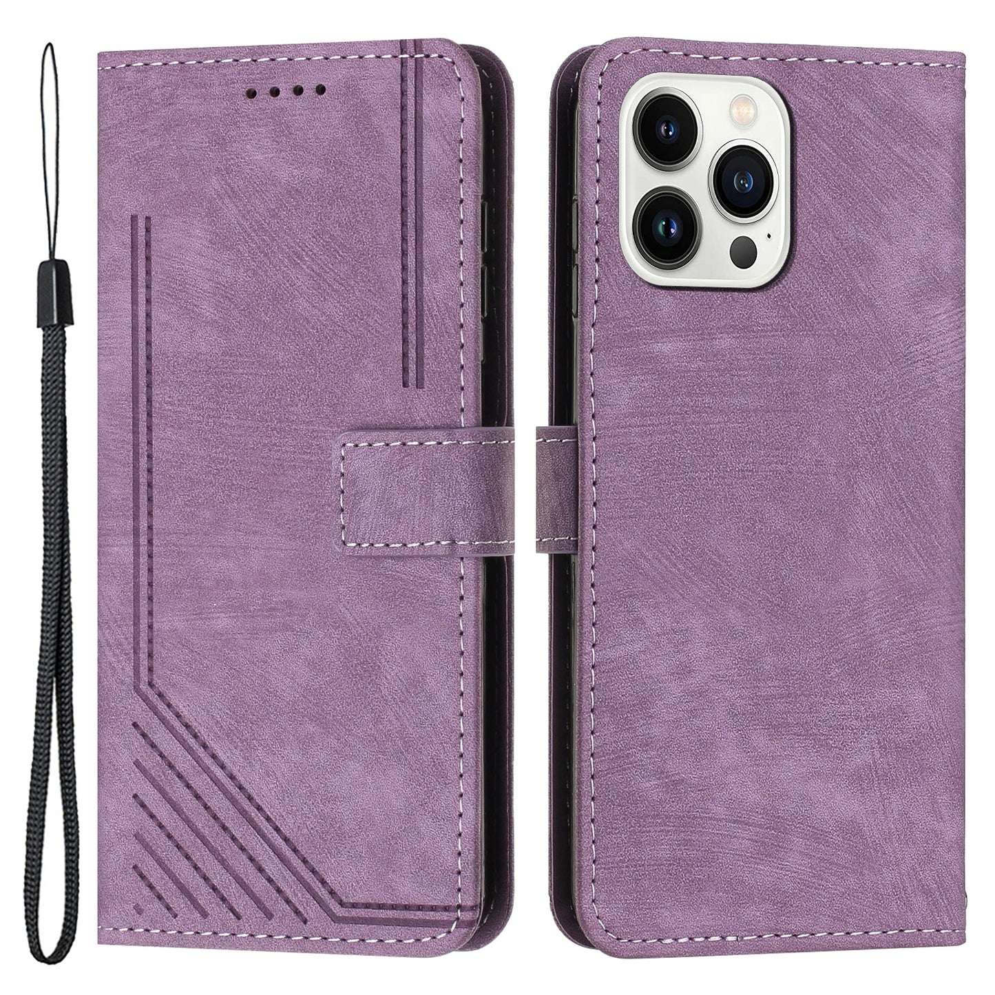 For iPhone 13 Pro Max Skin-touch Leather Case Stand Lines Imprinted Phone Wallet Cover