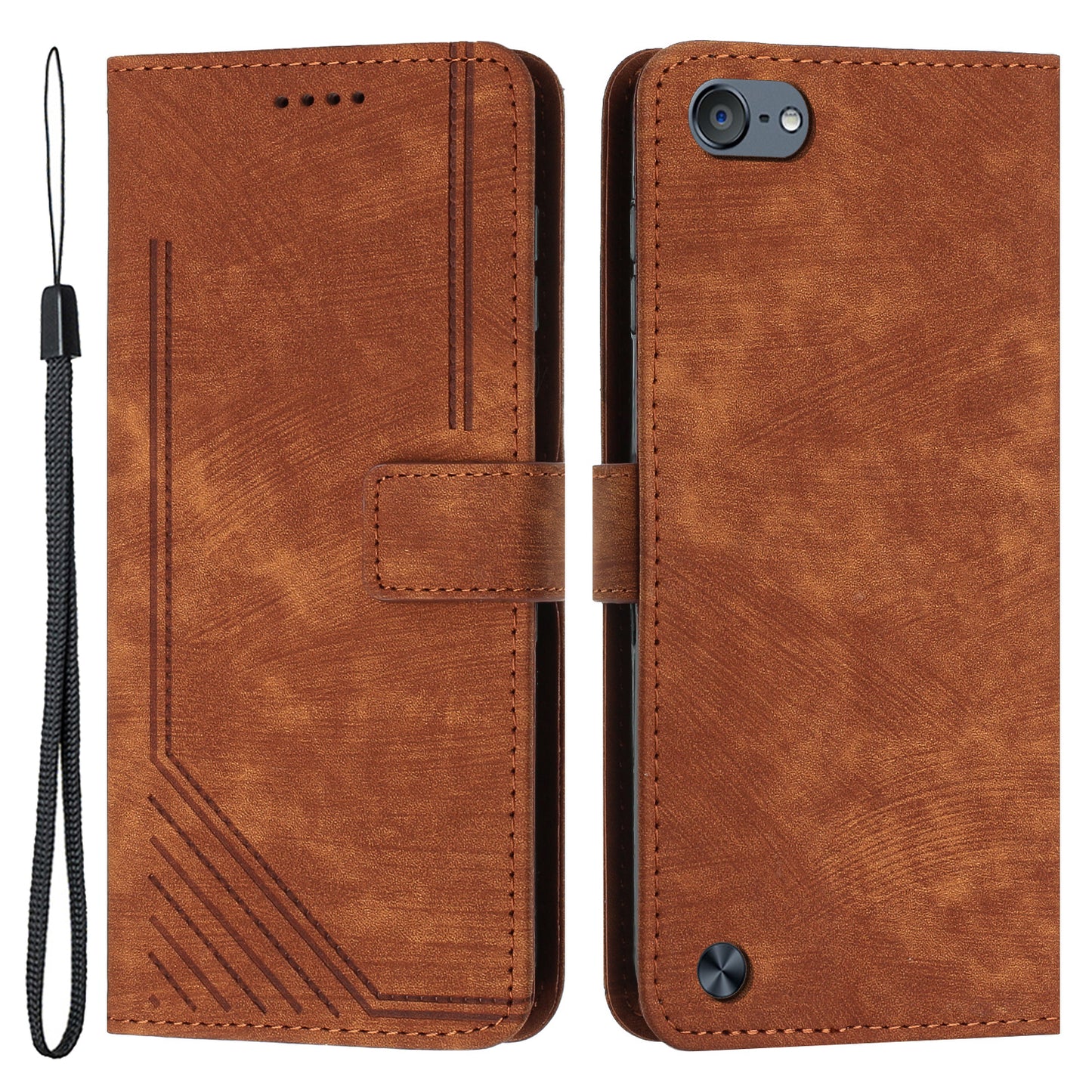 For iPod Touch 5 / 6 / (2019) Phone Case PU Leather Stand Wallet Skin-touch Lines Imprinted Cover