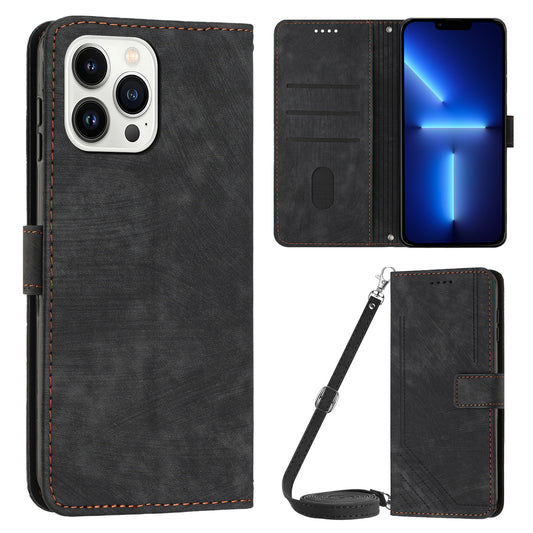 For iPhone 13 Pro Max 6.7 inch PU Leather Wallet Case Lines Imprinted Stand Phone Cover with Long Strap