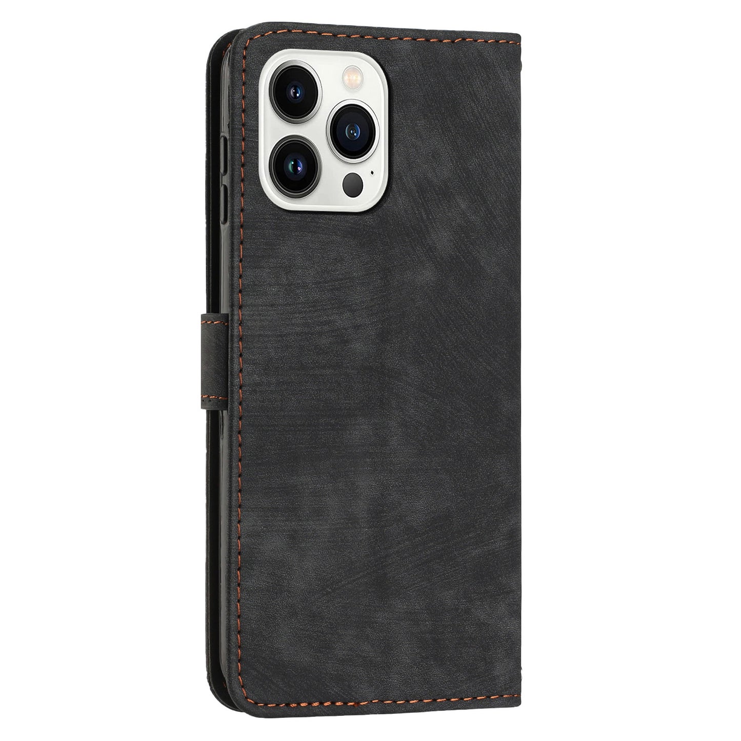 For iPhone 13 Pro Max 6.7 inch PU Leather Wallet Case Lines Imprinted Stand Phone Cover with Long Strap