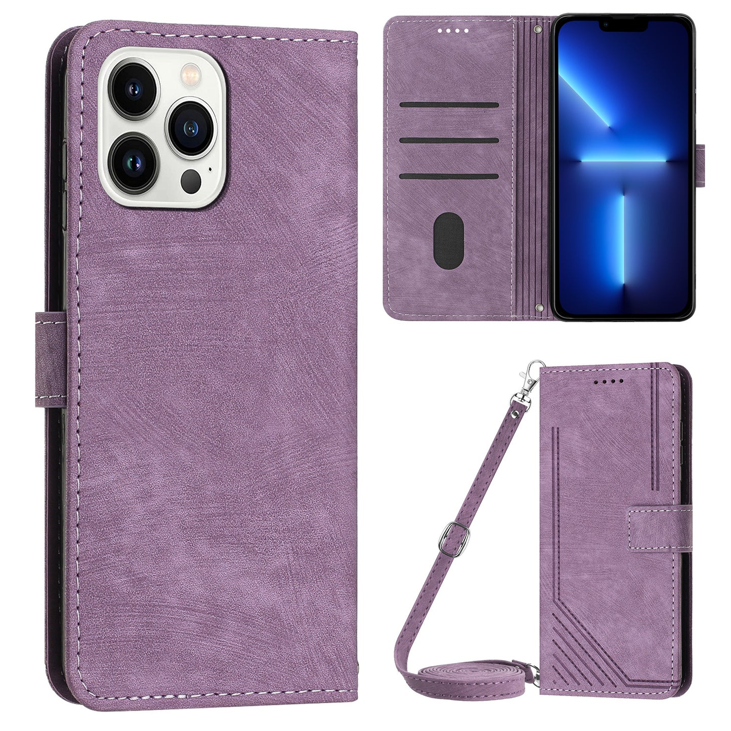 For iPhone 13 Pro Max 6.7 inch PU Leather Wallet Case Lines Imprinted Stand Phone Cover with Long Strap