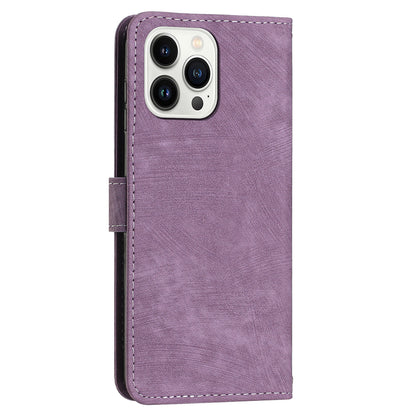 For iPhone 13 Pro Max 6.7 inch PU Leather Wallet Case Lines Imprinted Stand Phone Cover with Long Strap