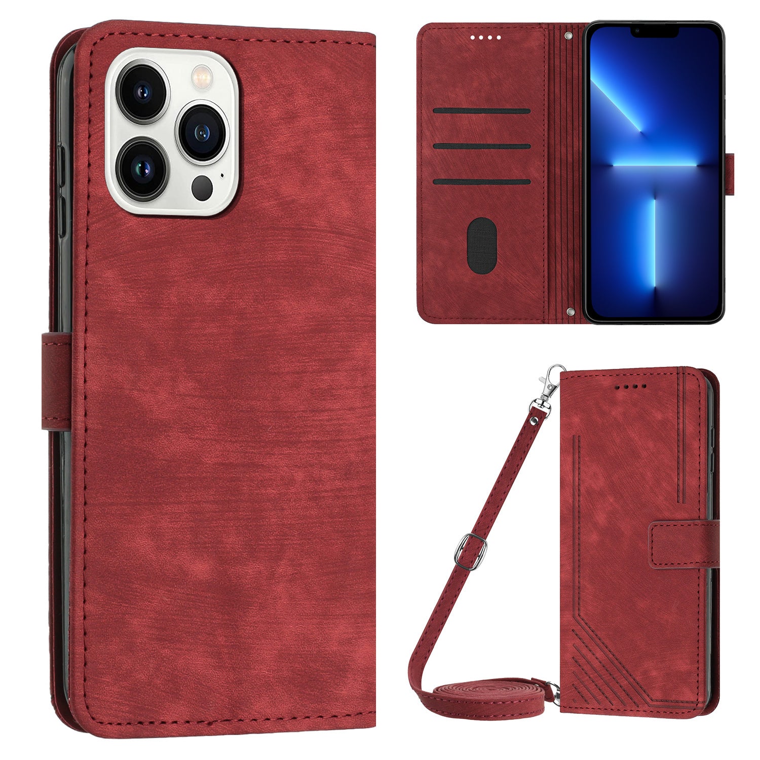 For iPhone 13 Pro Max 6.7 inch PU Leather Wallet Case Lines Imprinted Stand Phone Cover with Long Strap