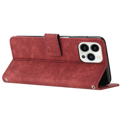 For iPhone 13 Pro Max 6.7 inch PU Leather Wallet Case Lines Imprinted Stand Phone Cover with Long Strap