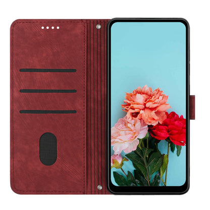 For iPhone 14 Pro Max Wallet Phone Case PU Leather Stand Lines Imprinted Phone Cover with Shoulder Strap