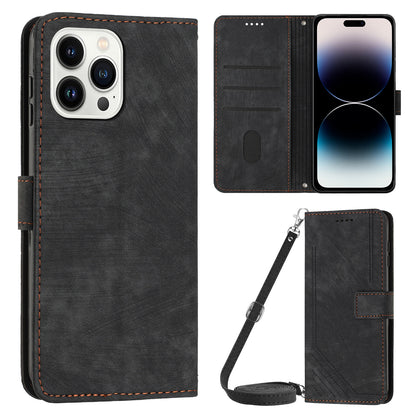 For iPhone 14 Pro Max Wallet Phone Case PU Leather Stand Lines Imprinted Phone Cover with Shoulder Strap