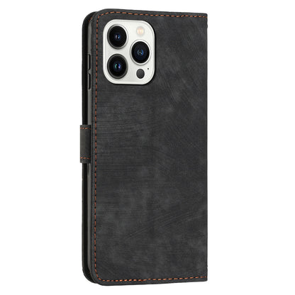 For iPhone 14 Pro Max Wallet Phone Case PU Leather Stand Lines Imprinted Phone Cover with Shoulder Strap