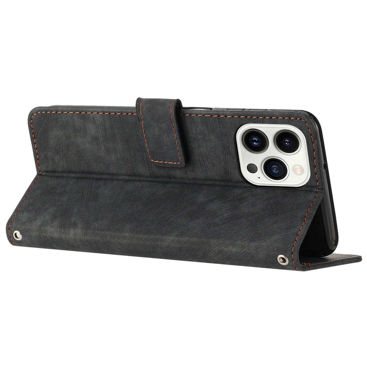 For iPhone 14 Pro Max Wallet Phone Case PU Leather Stand Lines Imprinted Phone Cover with Shoulder Strap