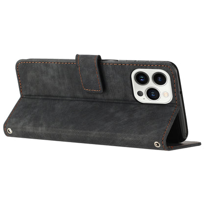 For iPhone 14 Pro Max Wallet Phone Case PU Leather Stand Lines Imprinted Phone Cover with Shoulder Strap