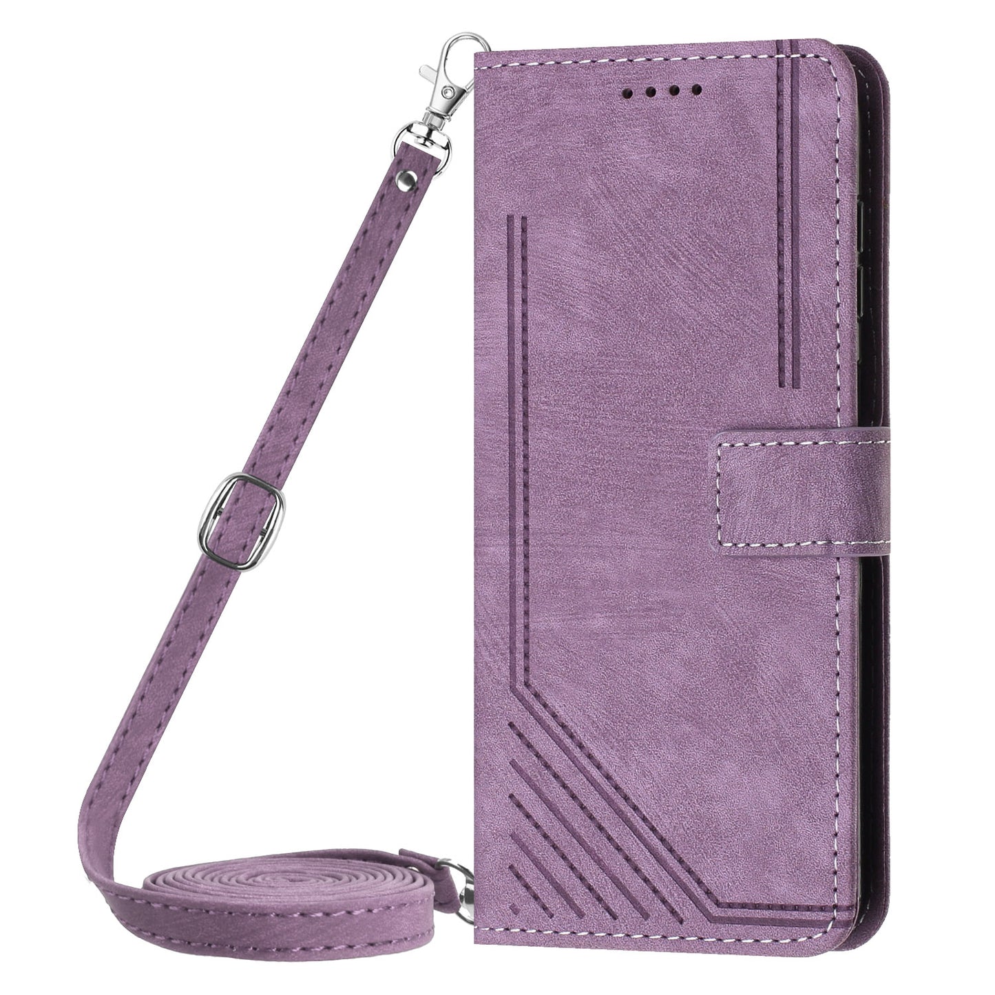For iPhone 14 Pro Max Wallet Phone Case PU Leather Stand Lines Imprinted Phone Cover with Shoulder Strap