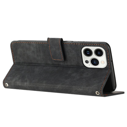 For iPhone 13 Pro 6.1 inch PU Leather Skin-touch Phone Case Lines Imprinted Wallet Stand Flip Cover