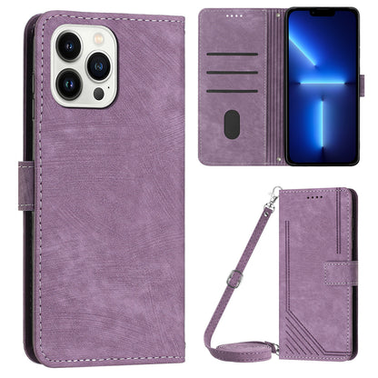 For iPhone 13 Pro 6.1 inch PU Leather Skin-touch Phone Case Lines Imprinted Wallet Stand Flip Cover