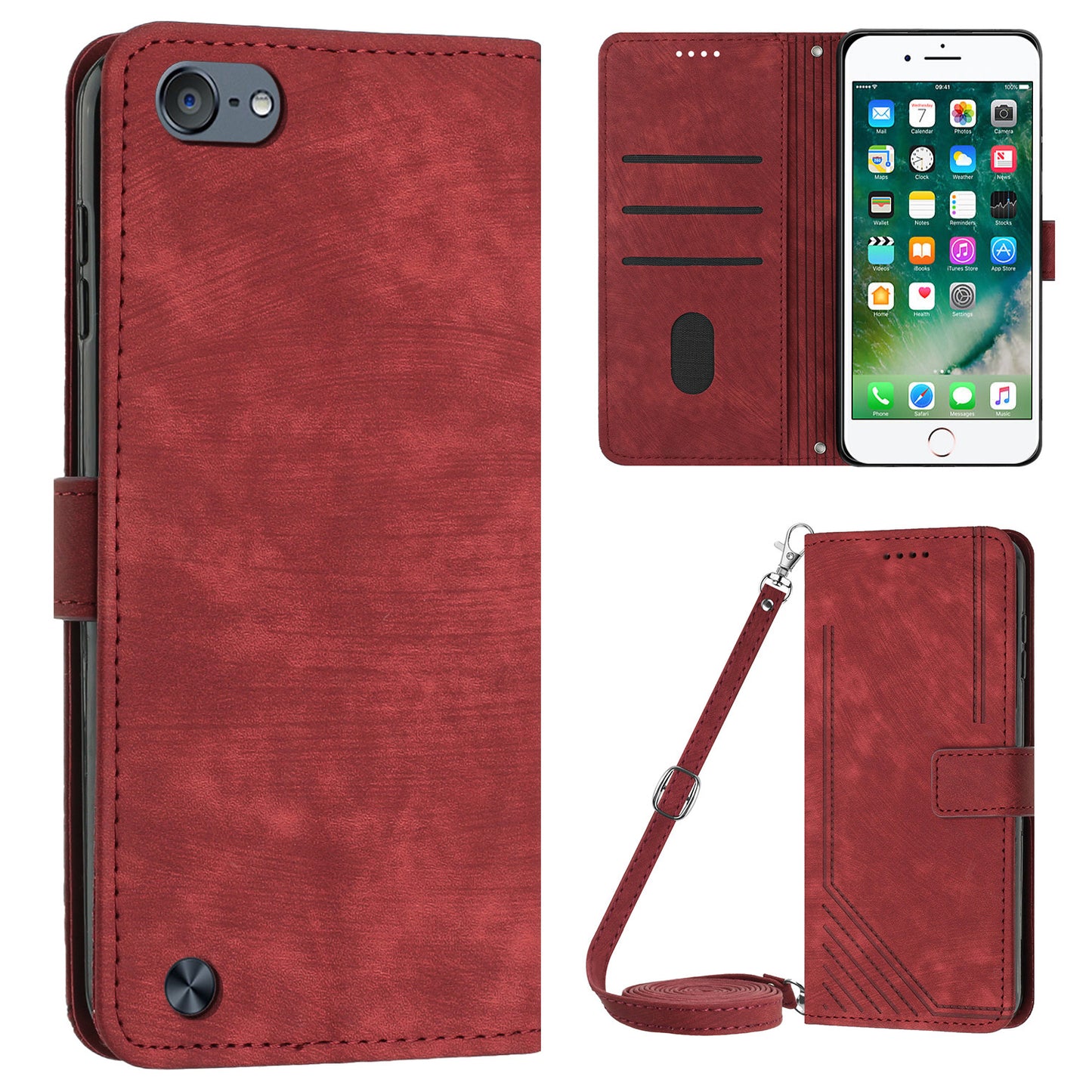 For iPod Touch (2019) / Touch 6 / Touch 5 Crossbody Wallet Case PU Leather Lines Imprinted Stand Phone Cover
