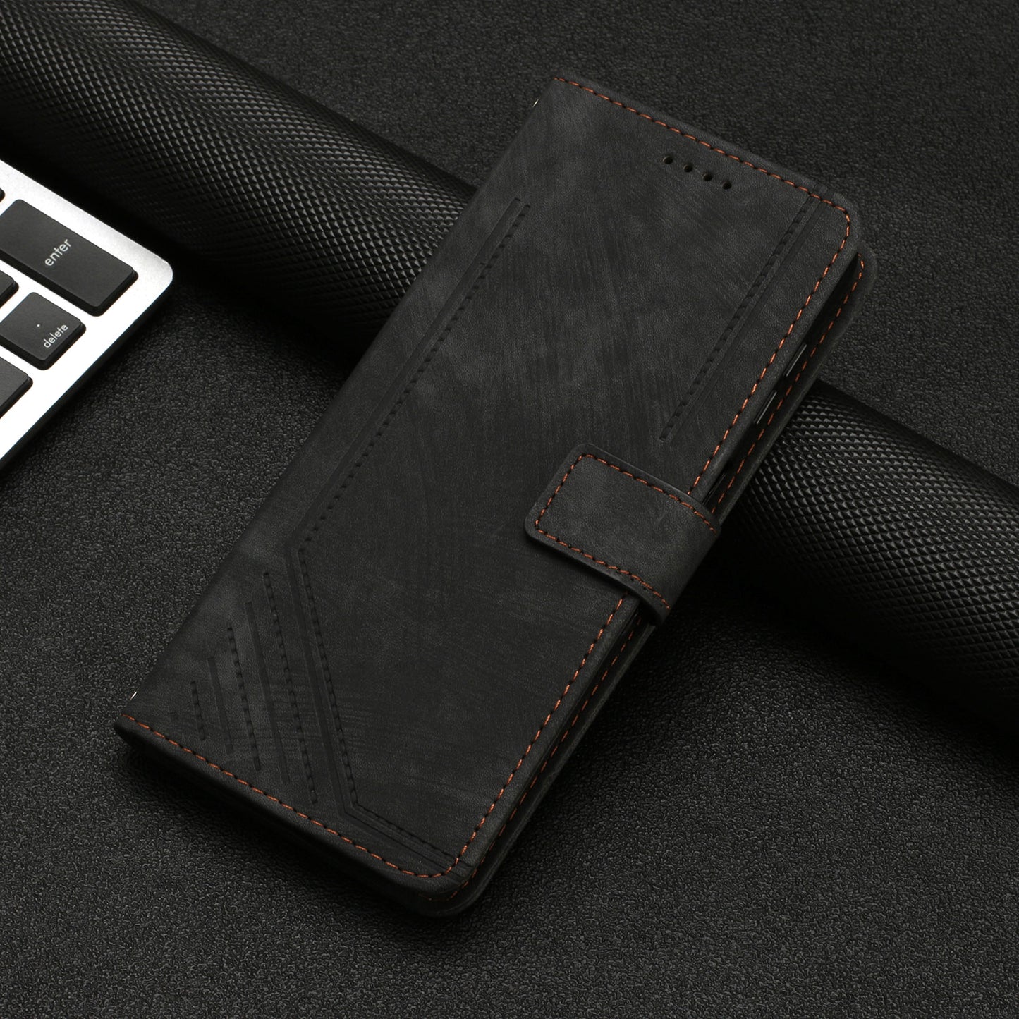 For Infinix Smart 6 Plus (India) 4G Leather Case Stand Wallet Lines Imprinted Skin-touch Phone Cover