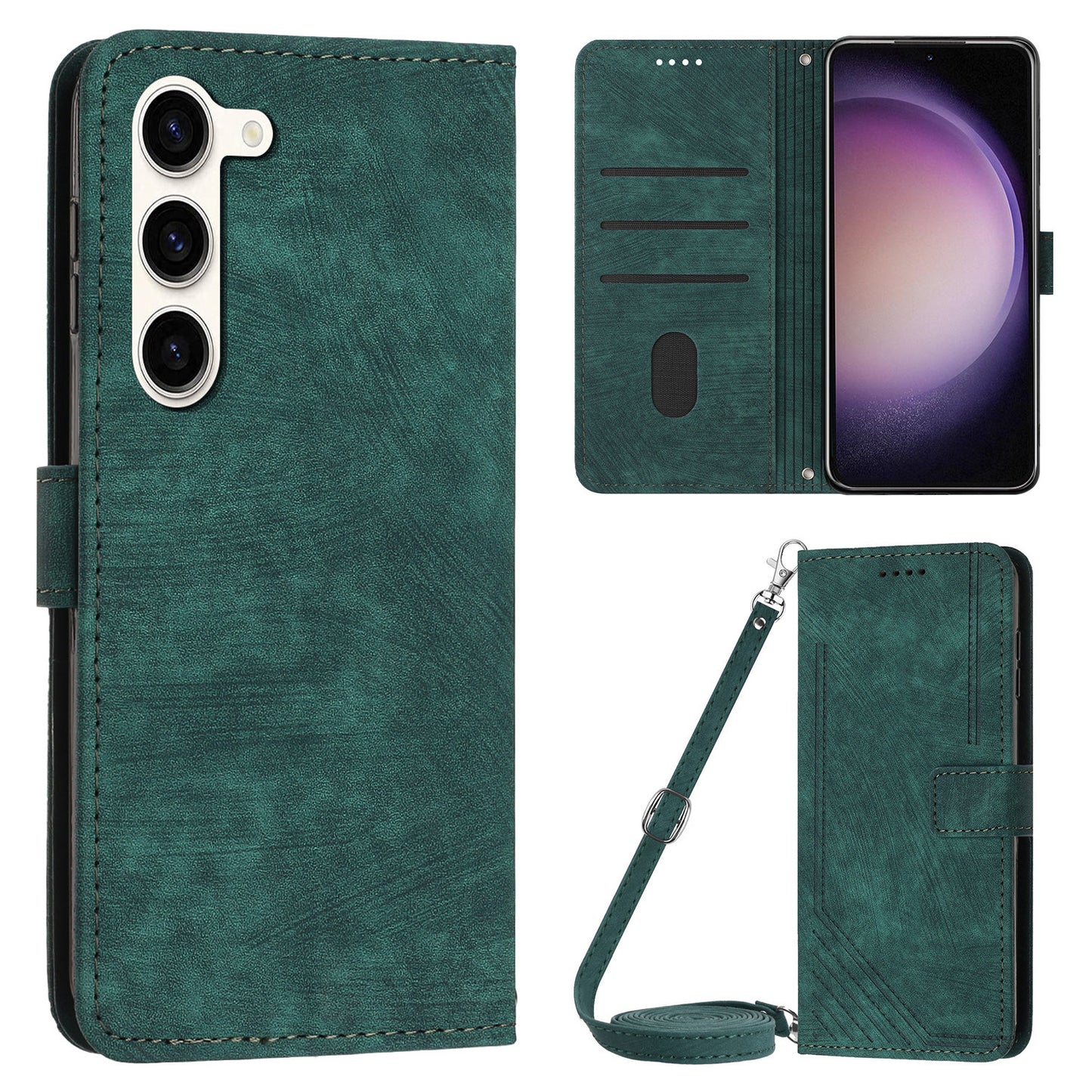 For Samsung Galaxy S23 PU Leather Wallet Folio Case Lines Imprinted Stand Phone Cover with Shoulder Strap