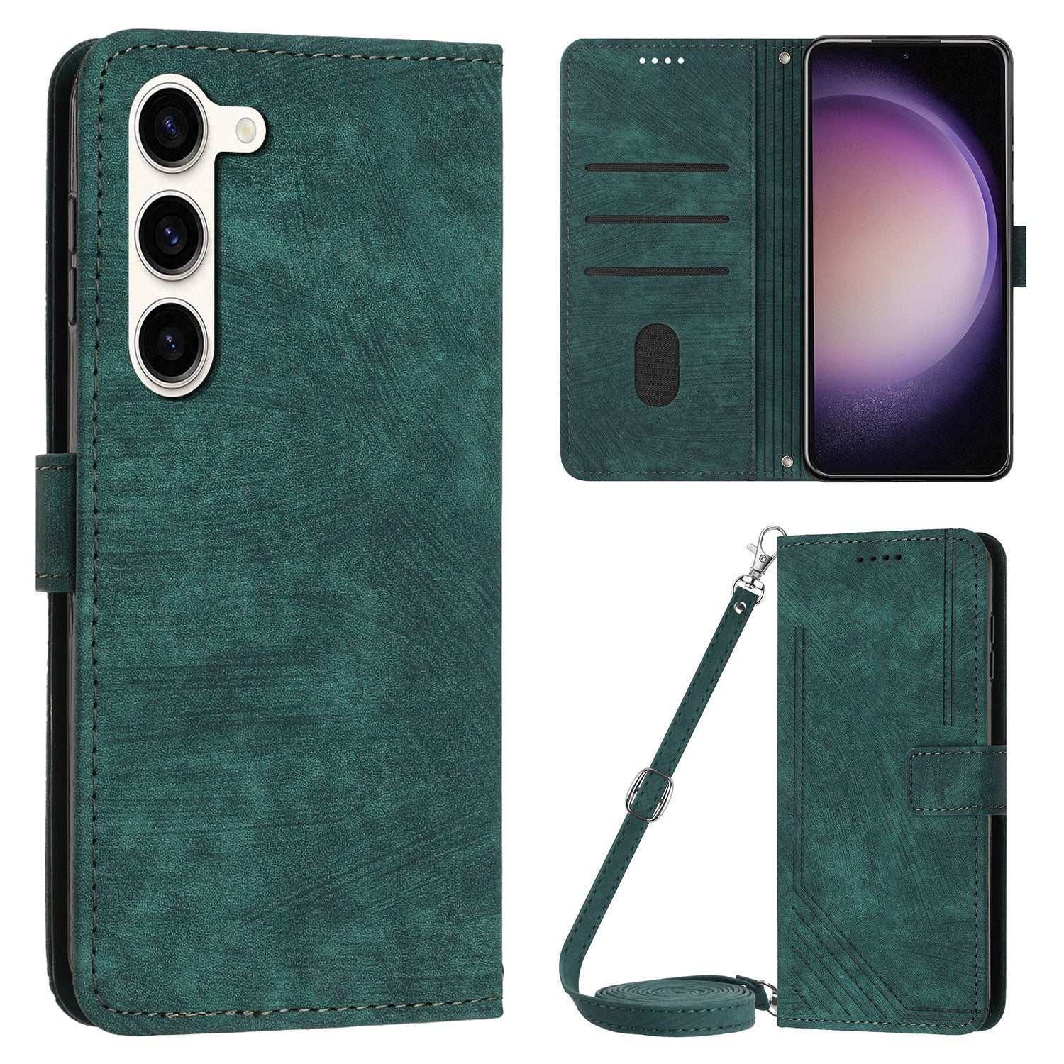 For Samsung Galaxy S23 PU Leather Wallet Folio Case Lines Imprinted Stand Phone Cover with Shoulder Strap