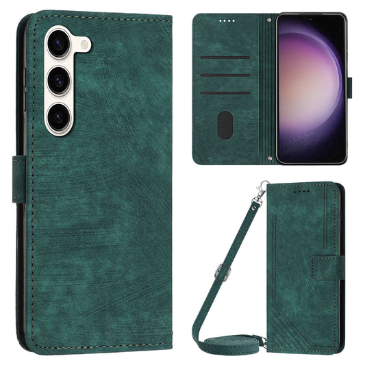 For Samsung Galaxy S23 PU Leather Wallet Folio Case Lines Imprinted Stand Phone Cover with Shoulder Strap