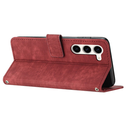 For Samsung Galaxy S23 PU Leather Wallet Folio Case Lines Imprinted Stand Phone Cover with Shoulder Strap