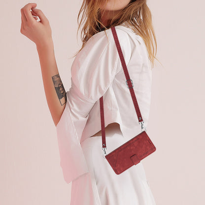 For Samsung Galaxy S23 PU Leather Wallet Folio Case Lines Imprinted Stand Phone Cover with Shoulder Strap