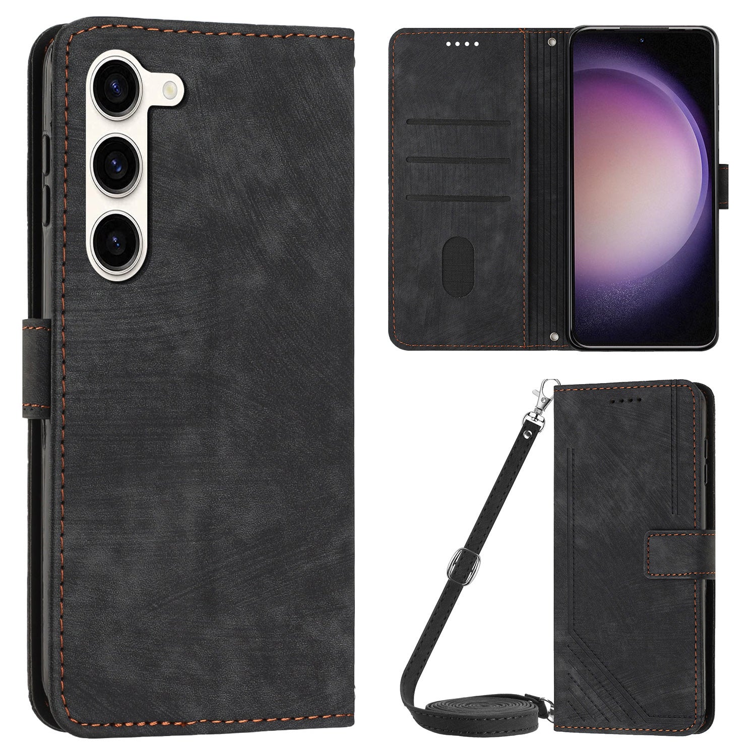 For Samsung Galaxy S23 PU Leather Wallet Folio Case Lines Imprinted Stand Phone Cover with Shoulder Strap