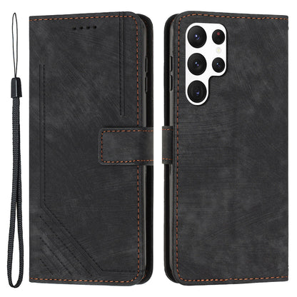 For Samsung Galaxy S22 Ultra 5G Anti-Drop Phone Case Skin-Touch Lines Imprinted PU Leather Wallet Cover