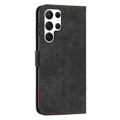 For Samsung Galaxy S22 Ultra 5G Anti-Drop Phone Case Skin-Touch Lines Imprinted PU Leather Wallet Cover