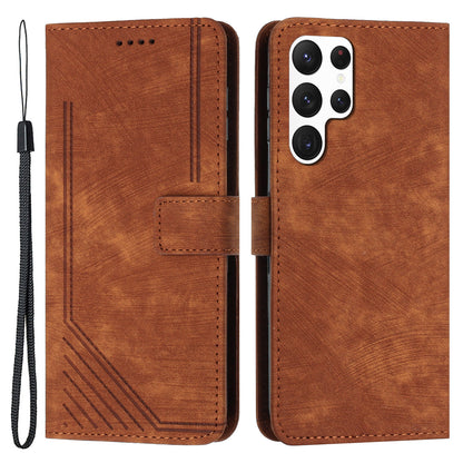 For Samsung Galaxy S22 Ultra 5G Anti-Drop Phone Case Skin-Touch Lines Imprinted PU Leather Wallet Cover