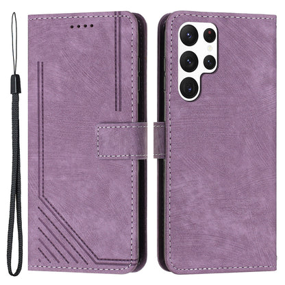 For Samsung Galaxy S22 Ultra 5G Anti-Drop Phone Case Skin-Touch Lines Imprinted PU Leather Wallet Cover
