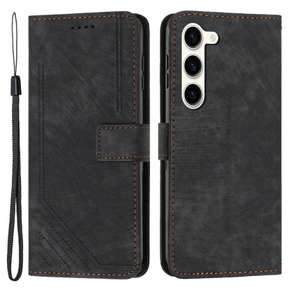 PU Leather Phone Cover for Samsung Galaxy S23 Skin-Touch Lines Imprinted Wallet Phone Case with Stand
