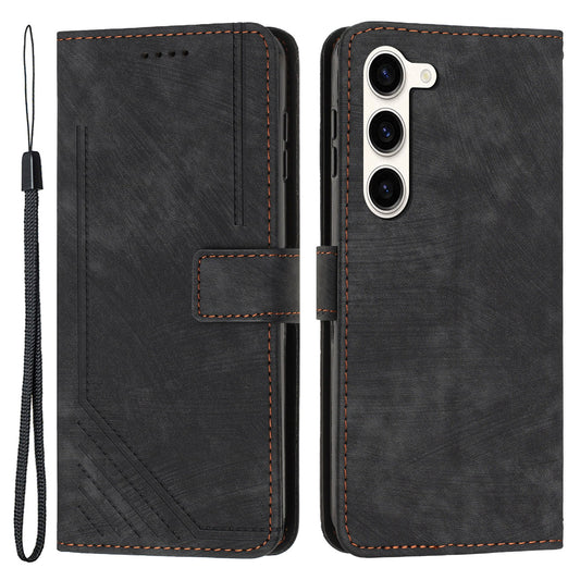 PU Leather Phone Cover for Samsung Galaxy S23 Skin-Touch Lines Imprinted Wallet Phone Case with Stand