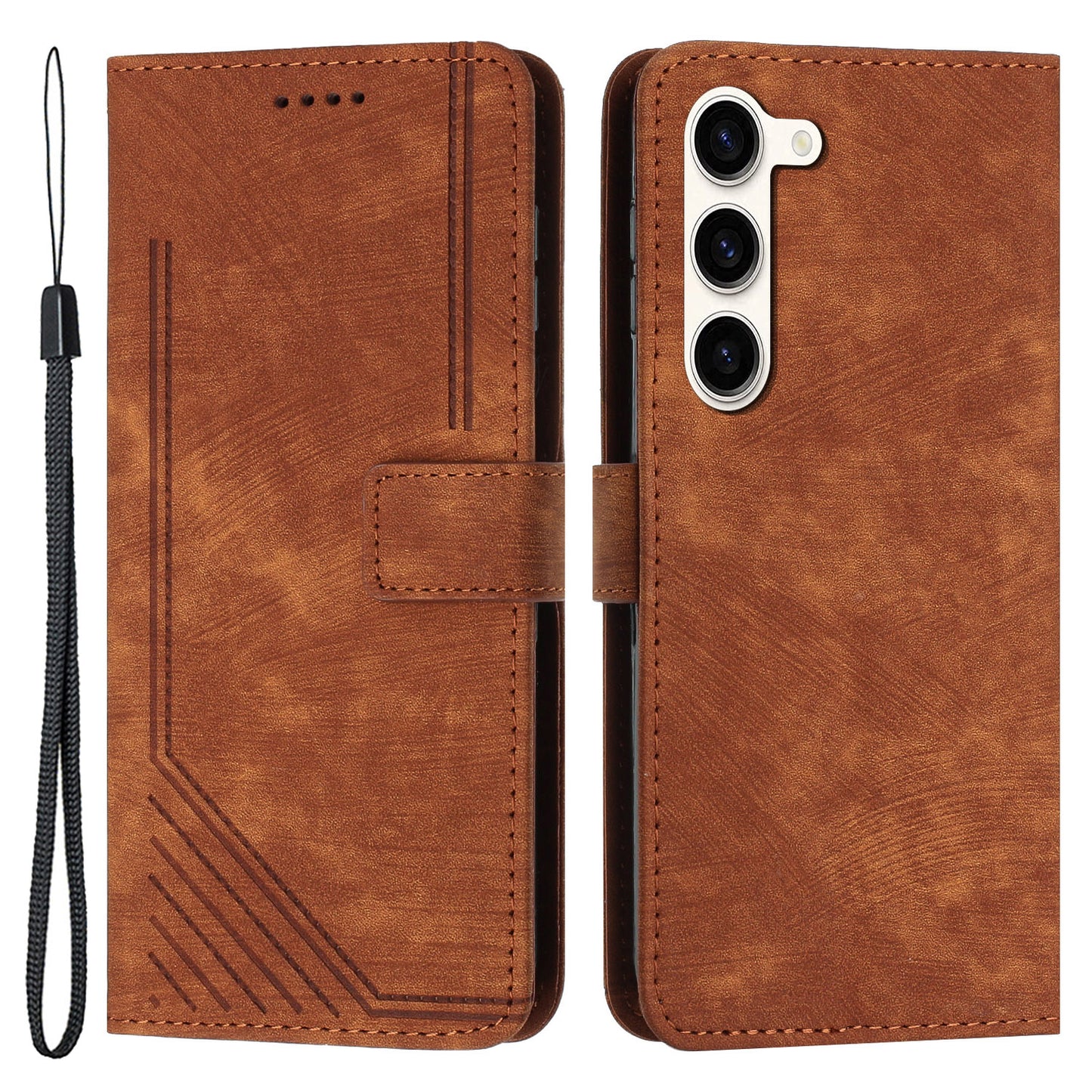 PU Leather Phone Cover for Samsung Galaxy S23 Skin-Touch Lines Imprinted Wallet Phone Case with Stand